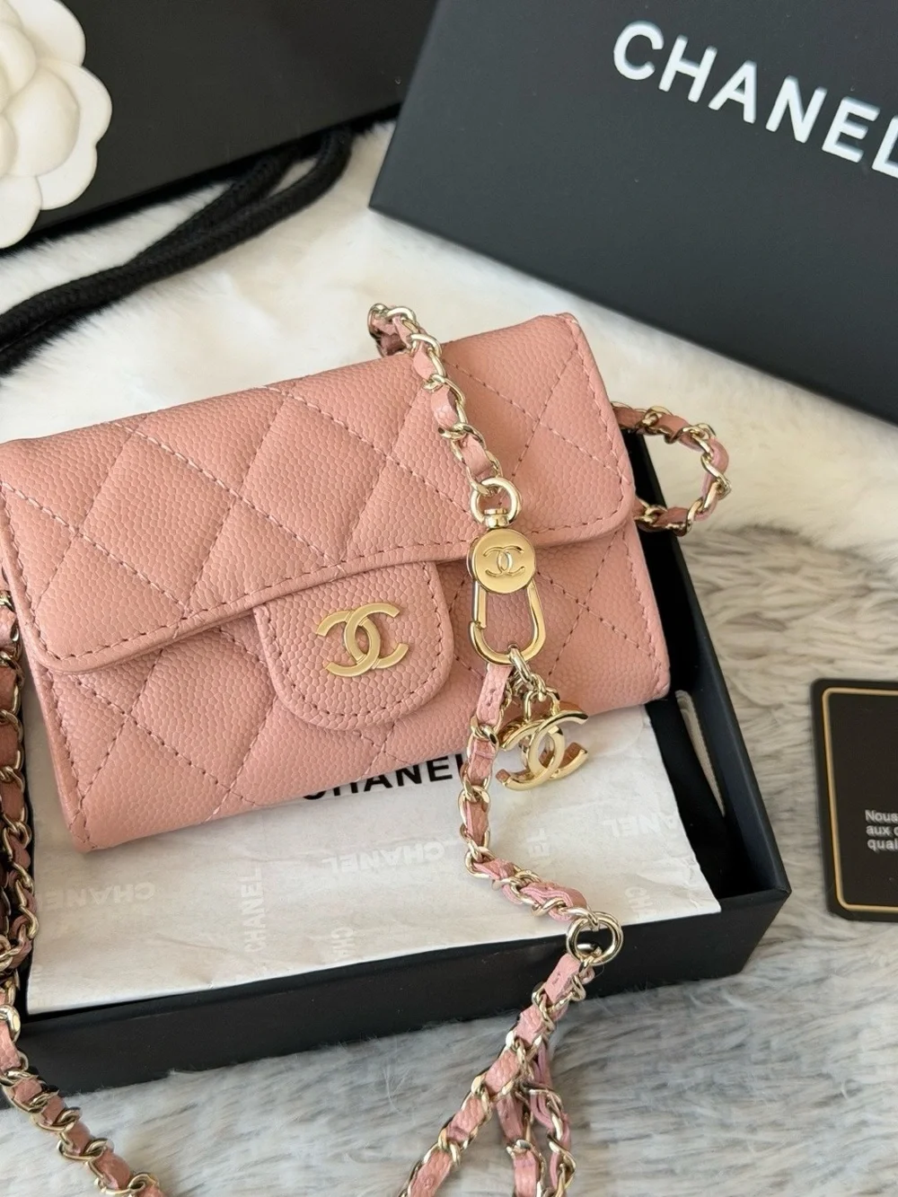 CHANEL Pink Quilted Caviar Leather Mini Wallet-on-Chain with Gold Hardware